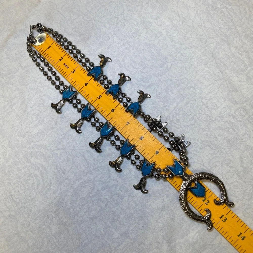 Vintage Southwestern Squash Blossom Style Necklace Turquoise Look Silver Tone‎